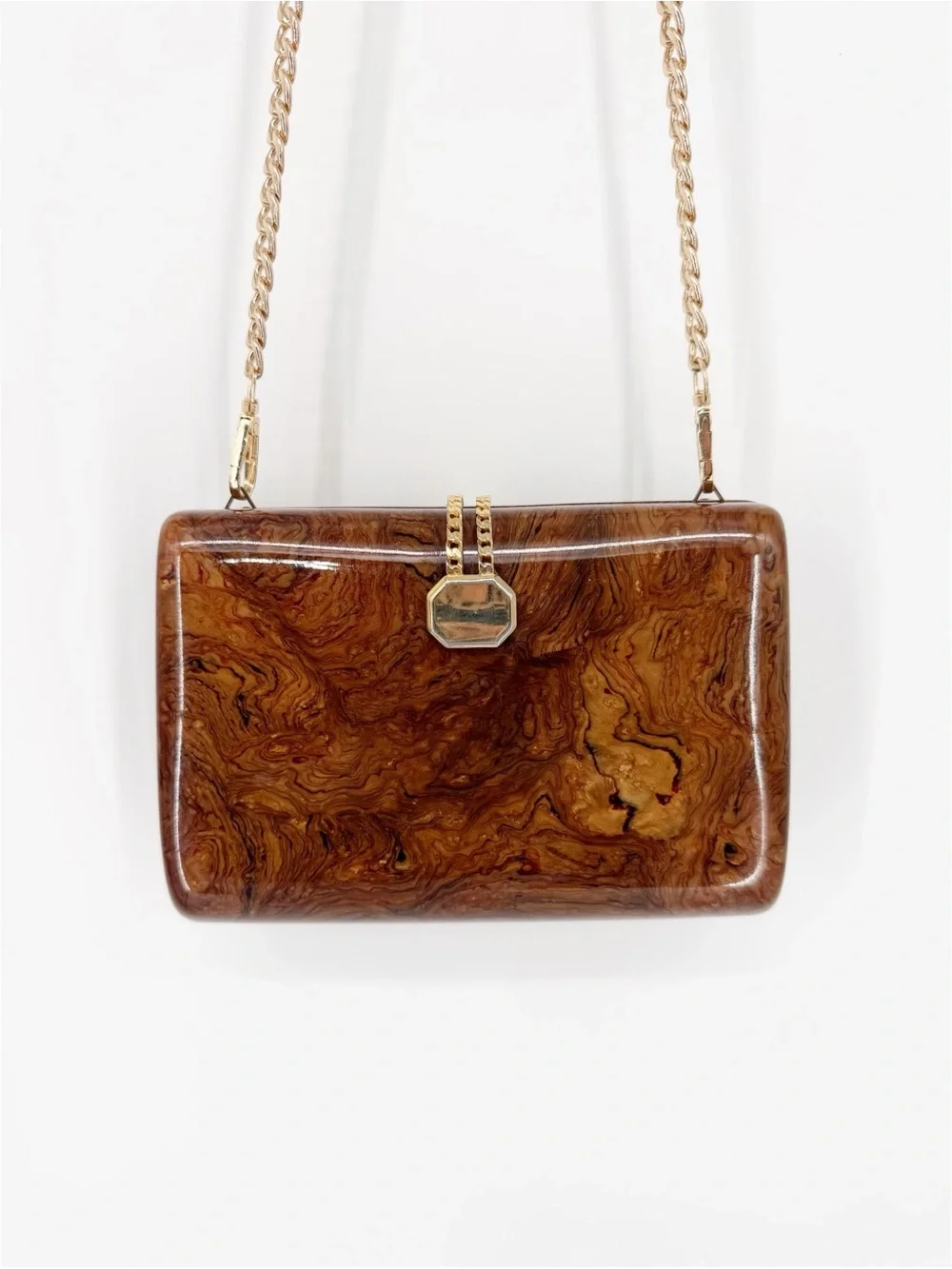 Vintage Saks Fifth Ave Brown Marbled Acrylic Gold Tone Hard Shell Clutch Purse